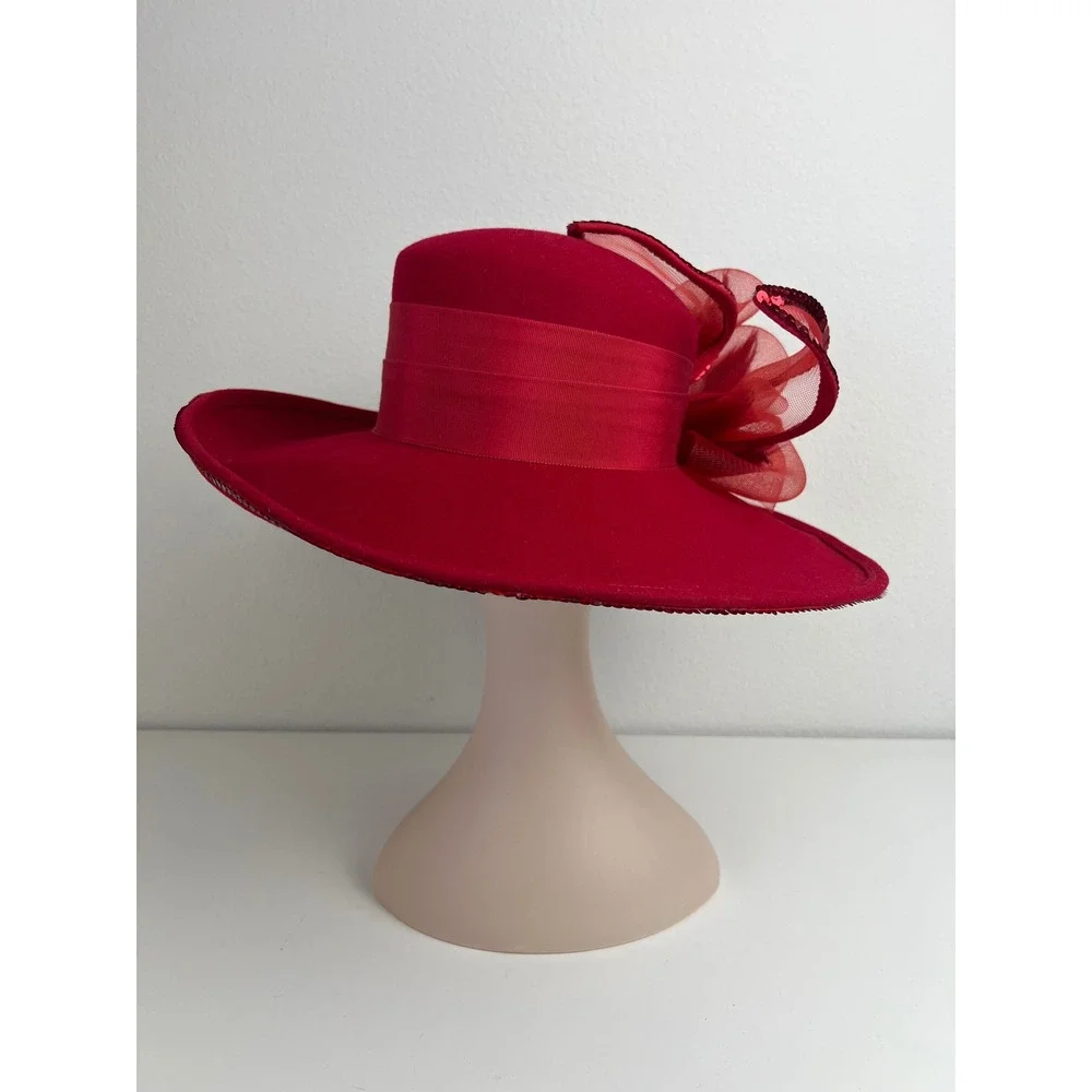 Vintage Deborah Fashions Red 100% Wool Church Formal Derby Wide Brim Hat USA